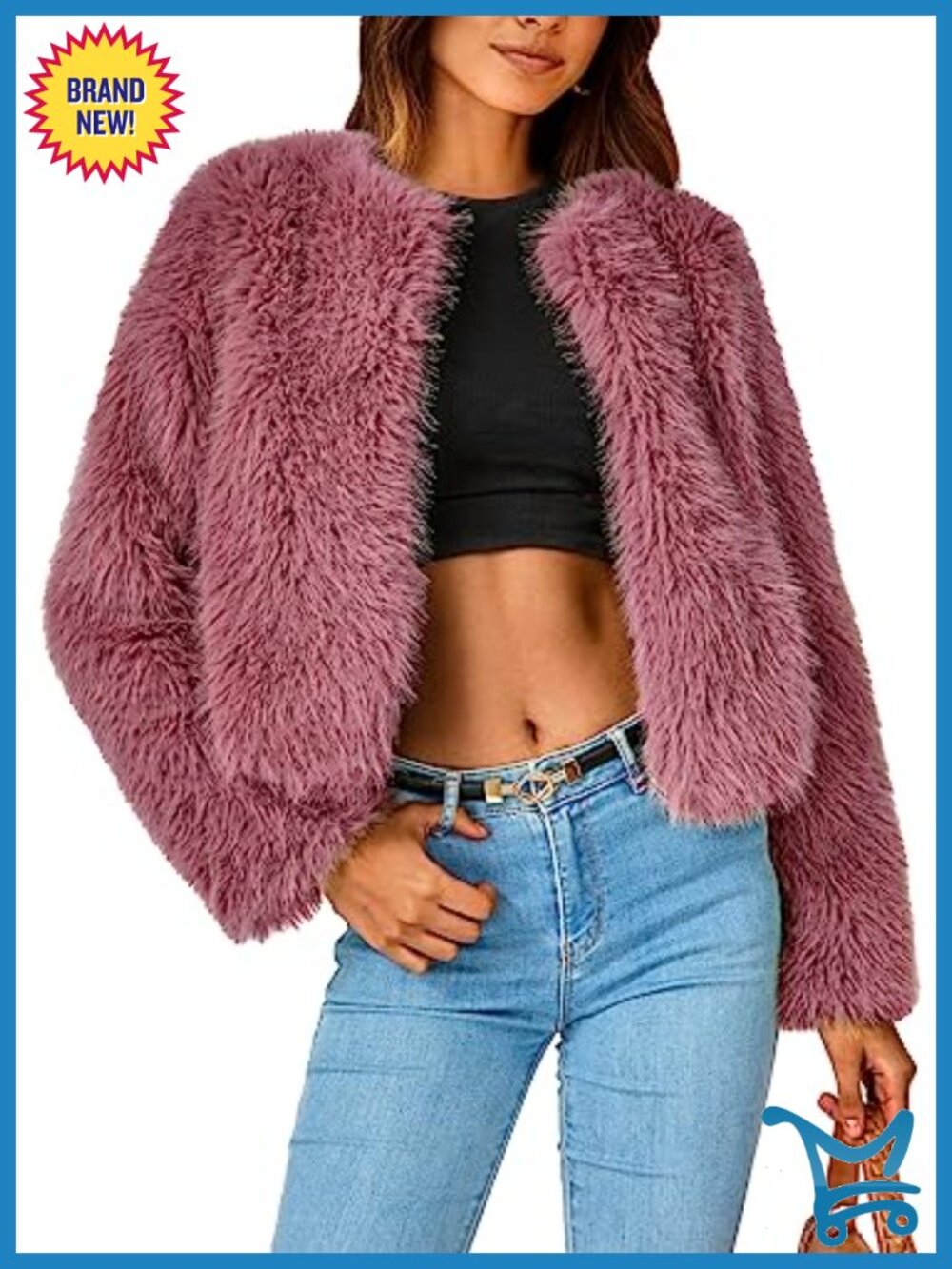 Faux Fur Cropped Jacket Fleece Long Sleeve Pockets Shaggy Warm Winter Coat